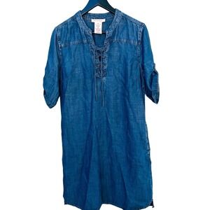 Philosophy Womens Blue Tencel Lace Up Denim Shift Dress Roll‎ Tab Sleeve Size M